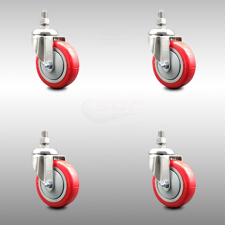 Service Caster 4 Inch 316SS Red Polyurethane Wheel Swivel 3/8 Inch Threaded Stem Caster Set SCC-SS316TS20S414-PPUB-RED-381615-4